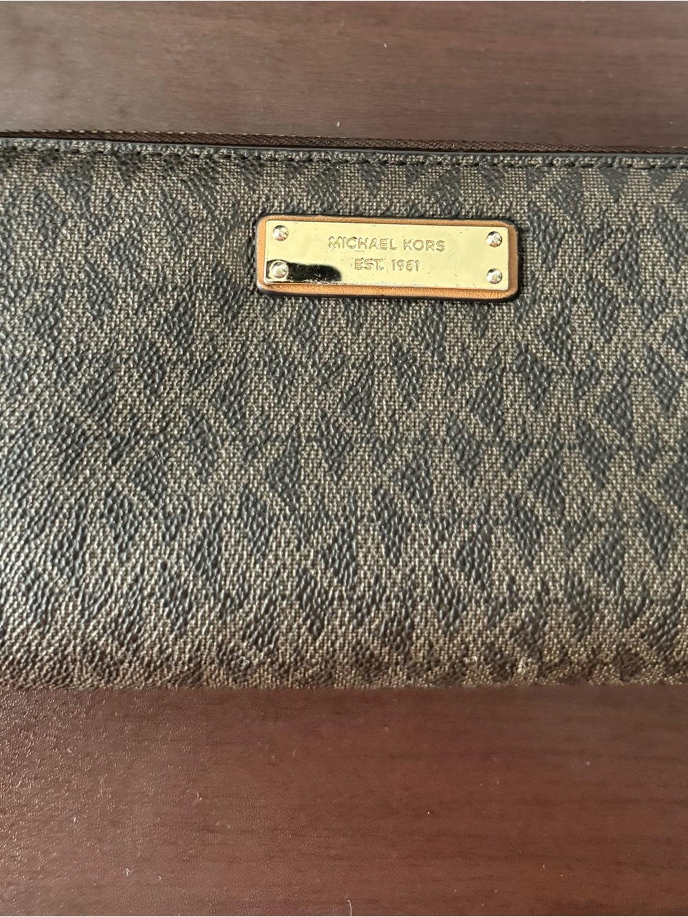 Michael Kors Brown Logo Continental Wallet with Gold Plaque